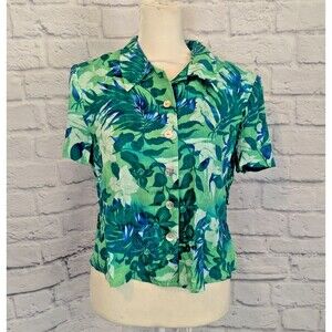 Hawaiian Women's Green Blue Blouse Split Back size 8 Coconut Girl Tropical